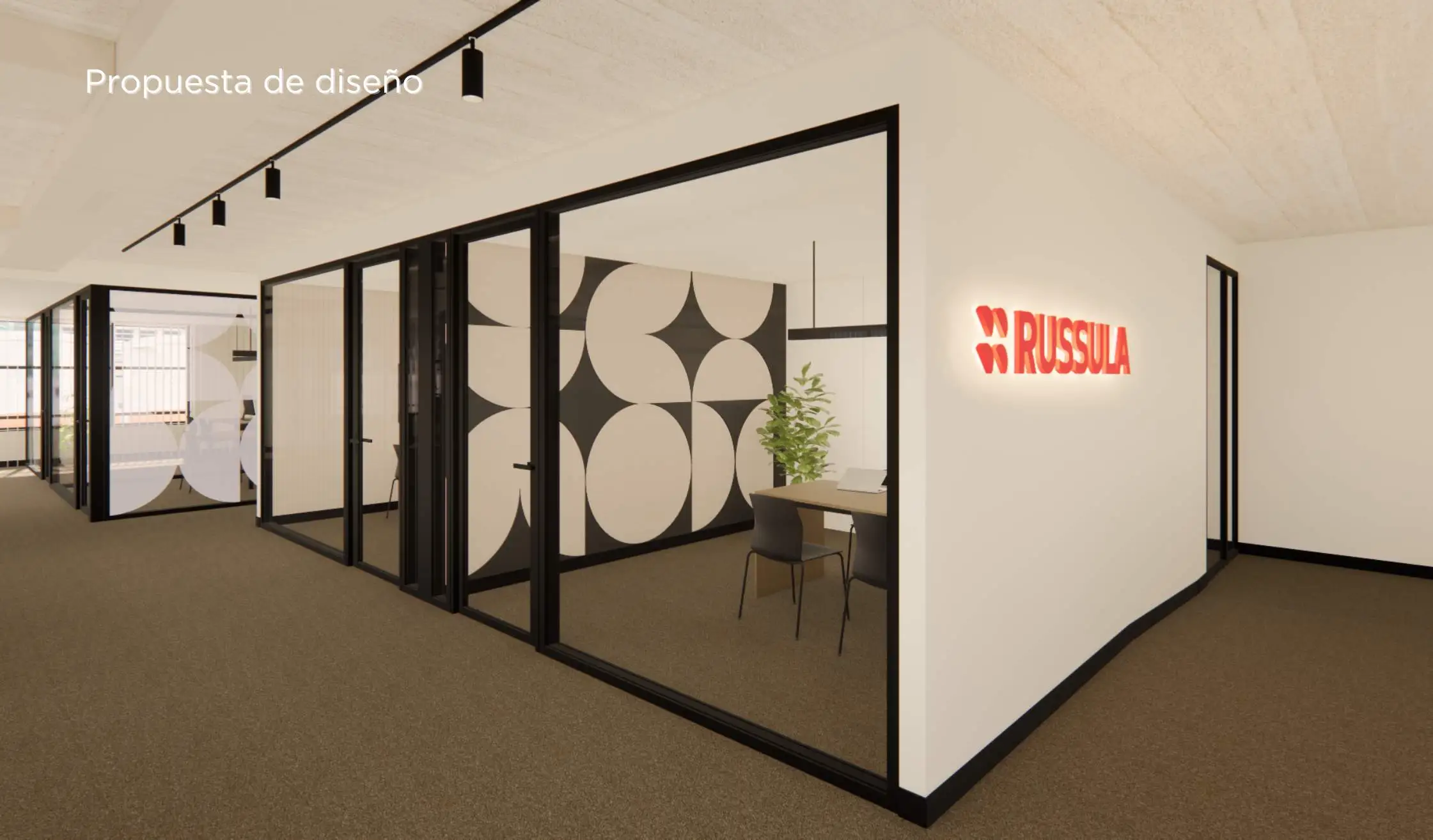 Propuesta de diseño_ Mamparas de oficina con material acústico y rótulo