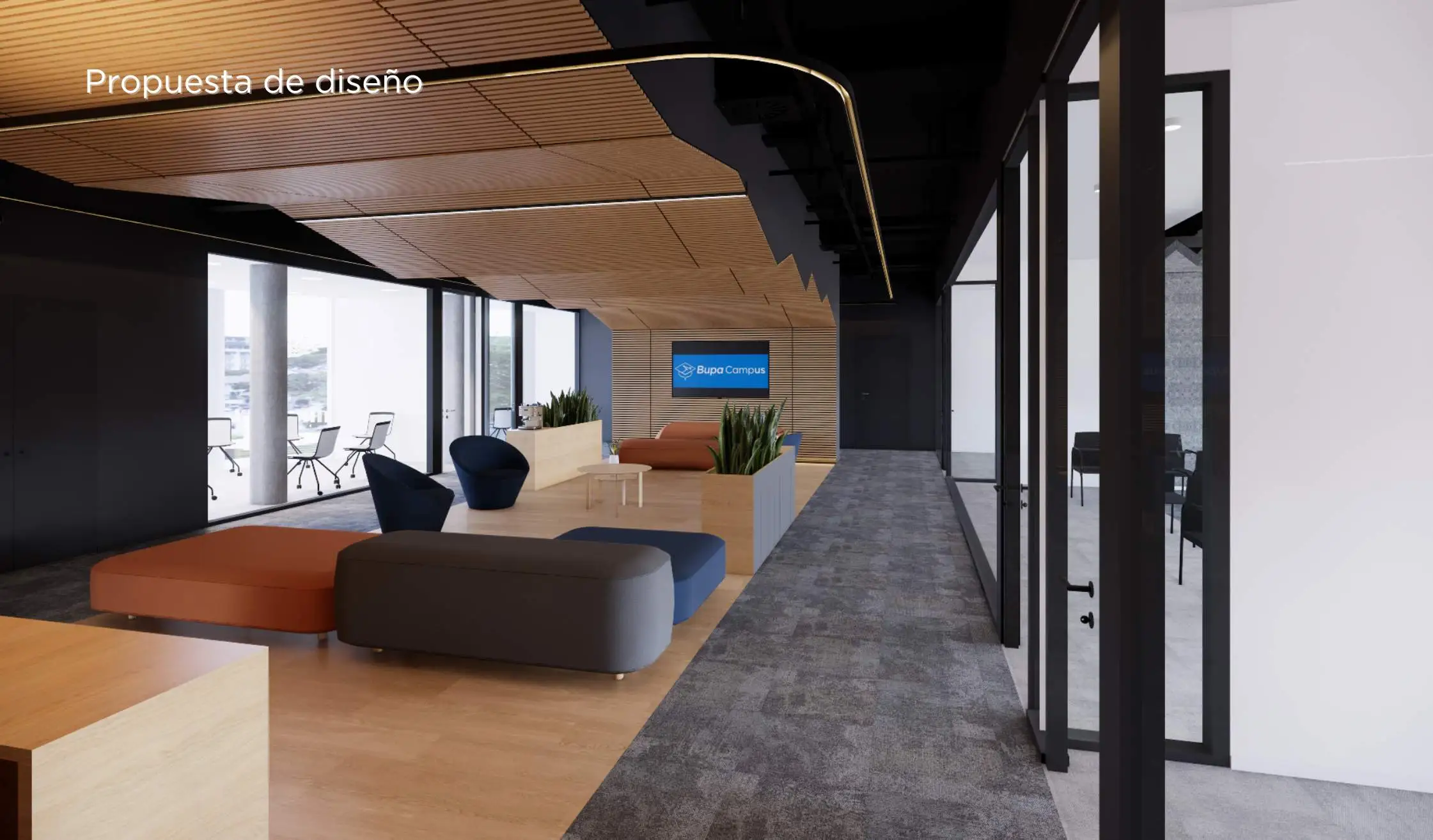 Render de diseño de oficina_Zona de recepción con carpintería a medida