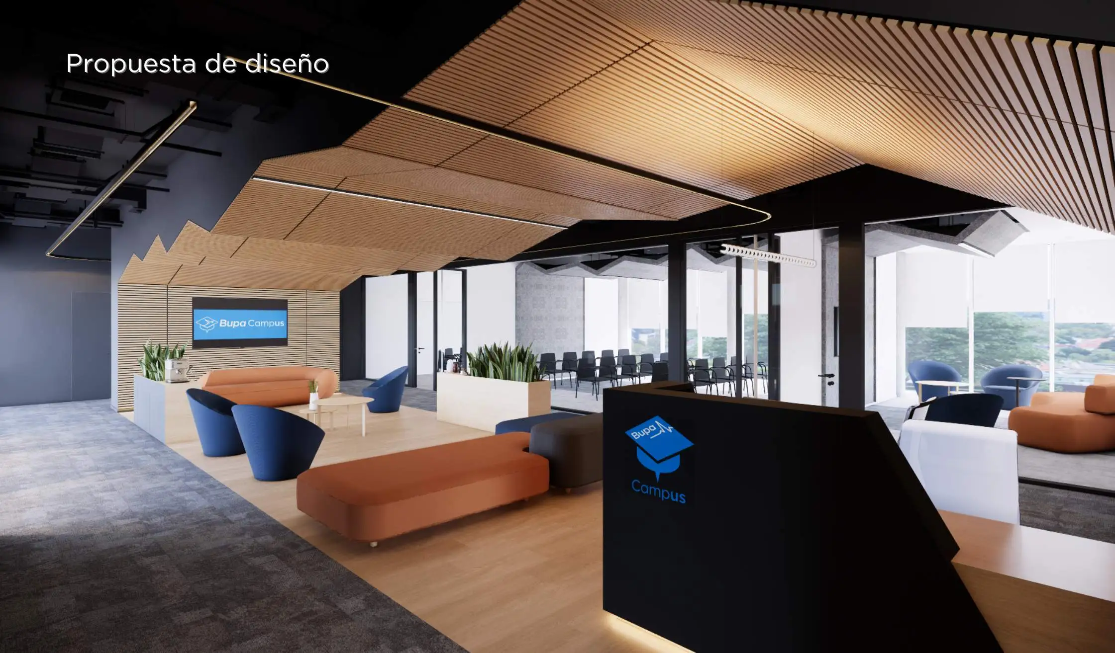 Render de diseño de oficina_Sofás y zona de soft seating en oficnia en Madrid