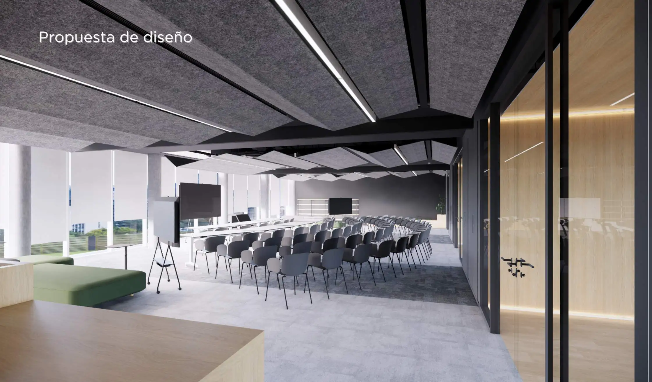 Render de diseño de oficina_Sala de formación con mobiliario y equipamiento de oficina
