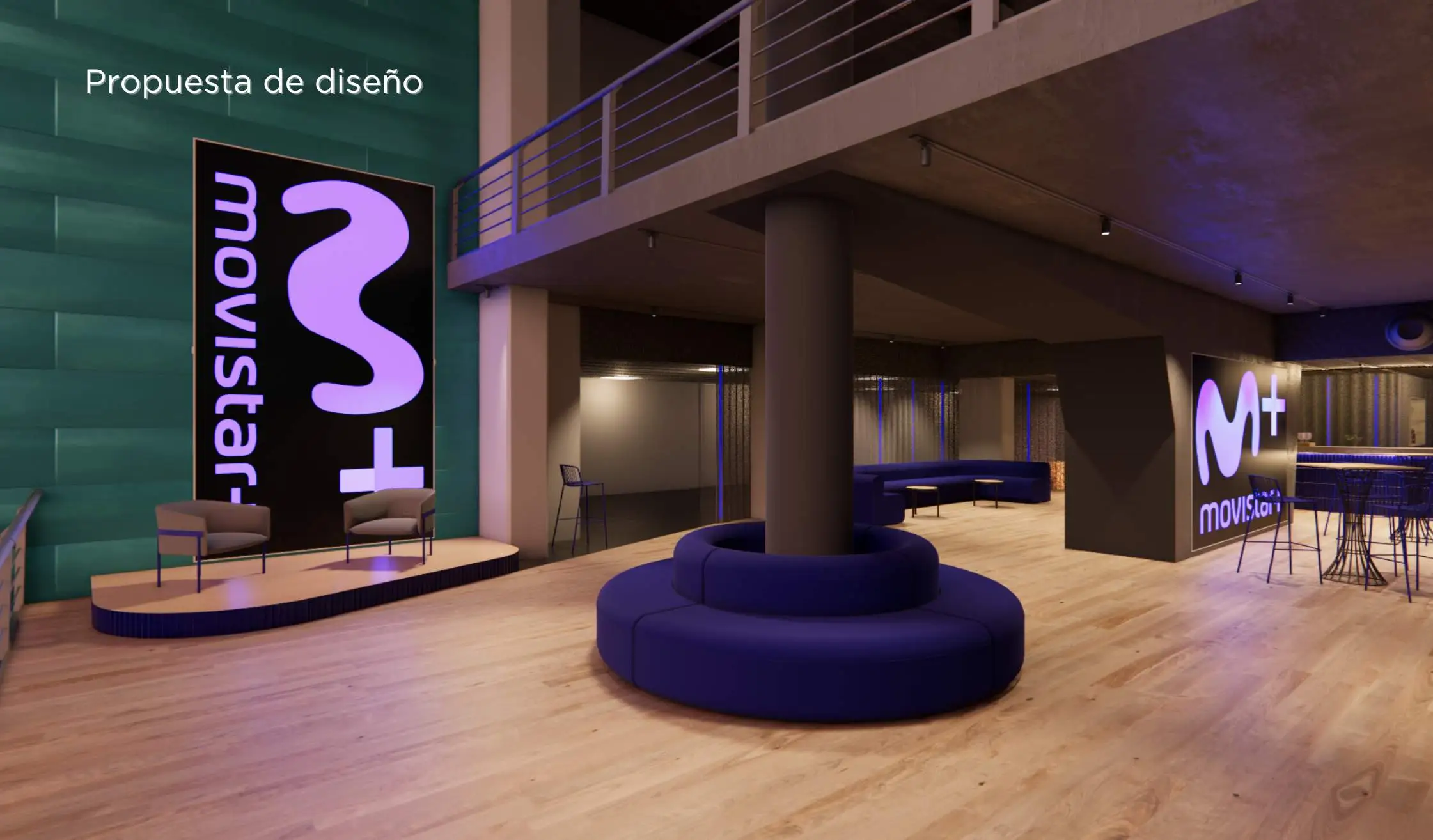 Render propuesta de diseño_Espacio de Movistar en Madrid con logo y con mobiliario a medida