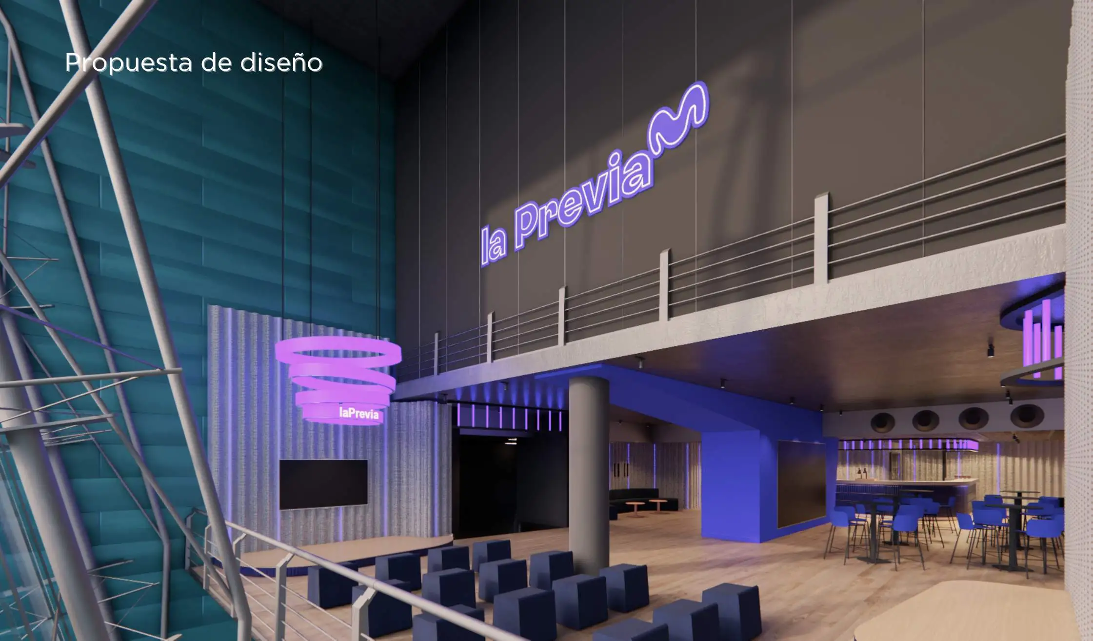 Render propuesta de diseño_Zona común del espacio Movistar Arena con mobiliario y carpintería a medida