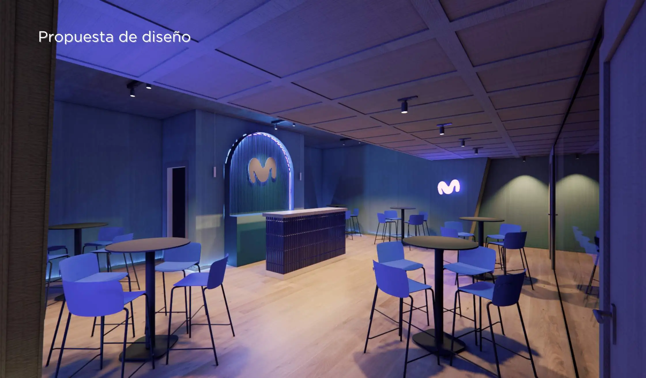 Render propuesta de diseño_Zona de cafetería con mobiliario en tonos azules
