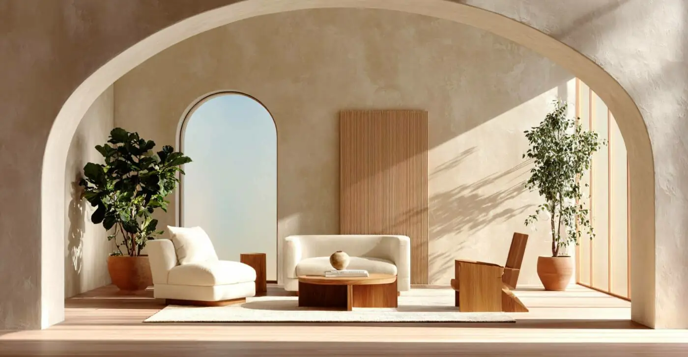 Espacio de terraza exterior de hotel con mobiliario en tonos blanco y madera